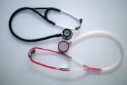 In this Monday, Sept. 7, 2015 photo, a 3D printed stethoscope, right, is seen next to a traditional medical stethoscope in Gaza City. In a territory lacking many basic medical supplies, Dr. Tarek Loubani says he has designed a stethoscope that can be made by a 3-D printer for just $2.50 _ a fraction of the cost of leading brands. Some doctors say the equipment is just as good. (AP Photo/ Khalil Hamra)