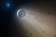 This artist's rendering provided by the Harvard-Smithsonian Center for Astrophysics shows an asteroid slowly disintegrating as it orbits a white dwarf star. On Wednesday, Oct. 21, 2015, researchers at the Harvard-Smithsonian Center for Astrophysics announced they have discovered a rocky object coming apart in a death spiral around a white dwarf star in the Constellation Virgo. They used NASA's Kepler spacecraft to make the discovery, then followed up with ground observations. (Mark A. Garlick/Harvard-Smithsonian Center for Astrophysics via AP)