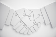 3d jigsaw made abstract handshake on white background