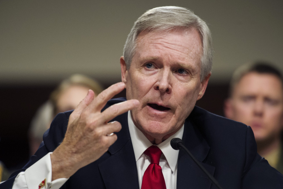 Navy Secretary Ray Mabus Jr. gestures while testifying on Capitol Hill in Washington, Tuesday, Feb. 2, 2016, before the Senate Armed Services Committee hearing to examine the implementation of the decision to open all ground combat units to women.  (AP Photo/Cliff Owen)