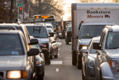 Cars sit in traffic along Florida Avenue in the Shaw neighborhood, in Washington, Wednesday, March 16, 2016. The Metro subway system that serves the nation's capital and its Virginia and Maryland suburbs shut down for a full-day for an emergency safety inspection of its third-rail power cables. Making for unusual commute, as the lack of service is forcing some people on the roads, while others are staying home or teleworking. (AP Photo/Andrew Harnik)