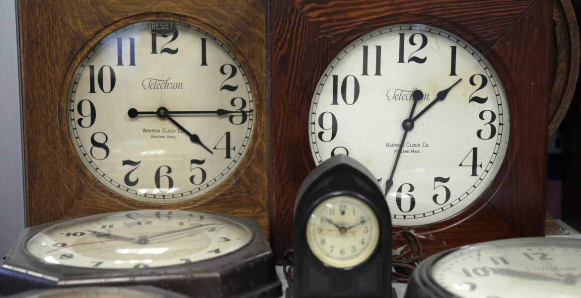 A collection of antique clocks are displayed in the lobby at the Electric Time Company in Medfield, Mass., Thursday, March 10, 2016. Most Americans will lose an hour of sleep this weekend, but gain an hour of evening light for months ahead, as Daylight Saving Time returns this weekend. The time change officially starts Sunday at 2 a.m. local time. (AP Photo/Charles Krupa)