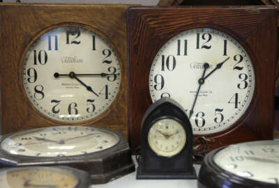 A collection of antique clocks are displayed in the lobby at the Electric Time Company in Medfield, Mass., Thursday, March 10, 2016. Most Americans will lose an hour of sleep this weekend, but gain an hour of evening light for months ahead, as Daylight Saving Time returns this weekend. The time change officially starts Sunday at 2 a.m. local time. (AP Photo/Charles Krupa)