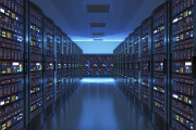 Modern web network and internet telecommunication technology, big data storage and cloud computing computer service business concept: server room interior in datacenter in blue light