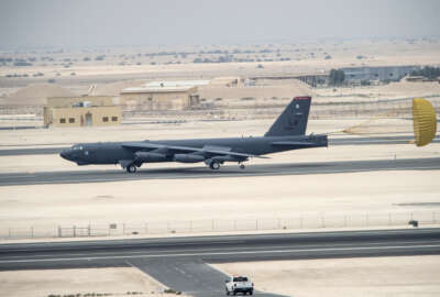 A U.S. Air Force B-52 Stratofortress aircraft from Barksdale Air Force Base, Louisiana, arrive at Al Udeid Air Base, Qatar, Saturday, April 9, 2016. The U.S. Air Force says it has deployed the bombers to take part in the U.S.-led bombing campaign against the Islamic State group. It is the first time the Cold War-era heavy bombers will be based in the region since the 1991 Gulf War, when they operated from neighboring Saudi Arabia. (Staff Sgt. Corey Hook/U.S. Air Force via AP)