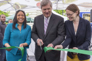 (L to R) GSA Regional Administrator Julia Hudson, Agriculture Secretary Tom Vilsack, and AMS Administrator Elanor Starmer officially open the VegUcation tent at the U.S. Department of Agriculture (USDA) Farmers Market opening ceremony on Friday, May 6, 2016. This new feature at the market will help visitors learn how to pick, prepare and store seasonal fruits and vegetables they find at the Farmers Market. USDA photo by Ken Melton.