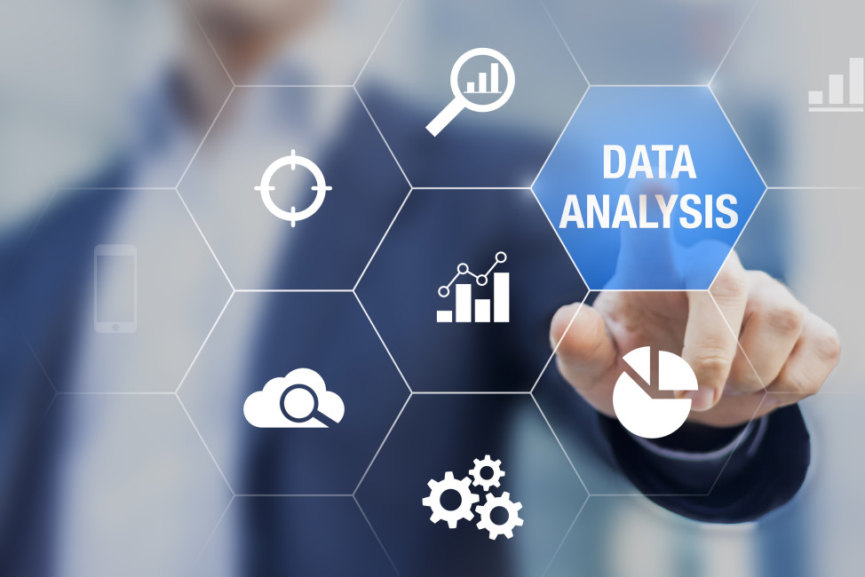 Consultant showing data analysis concept on screen with charts for business intelligence and strategy