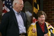 Senator-elect Ben Cardin, left, stands with Sen. Barbara Mikulski, D-Md., right, as they speak during a joint news conference  in Baltimore, Wednesday, Nov. 8, 2006..(AP Photo/Chris Gardner)