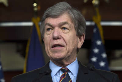 FILE - In this Feb. 12, 2015 file photo, Sen. Roy Blunt, R-Mo. speaks during a news conference on Capitol Hill in Washington. It's tough enough for the political veteran seeking re-election against up-and-coming Democrat Jason Kander, Missouri’s secretary of state who is showing surprising strength in the polls and in raising money. The string of recent controversies involving Republican presidential candidate Donald Trump, who Blunt has endorsed, doesn’t help. (AP Photo/Molly Riley, File)