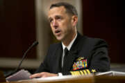 FILE - In this July 30, 2015 file photo, Navy Adm. John Richardson testifies on Capitol Hill in Washington. In his blueprint for a stronger Navy, the sea services new top boss, Richardson, is blunt about what he thinks matters most: nuclear punch. (AP Photo/Jacquelyn Martin, File)