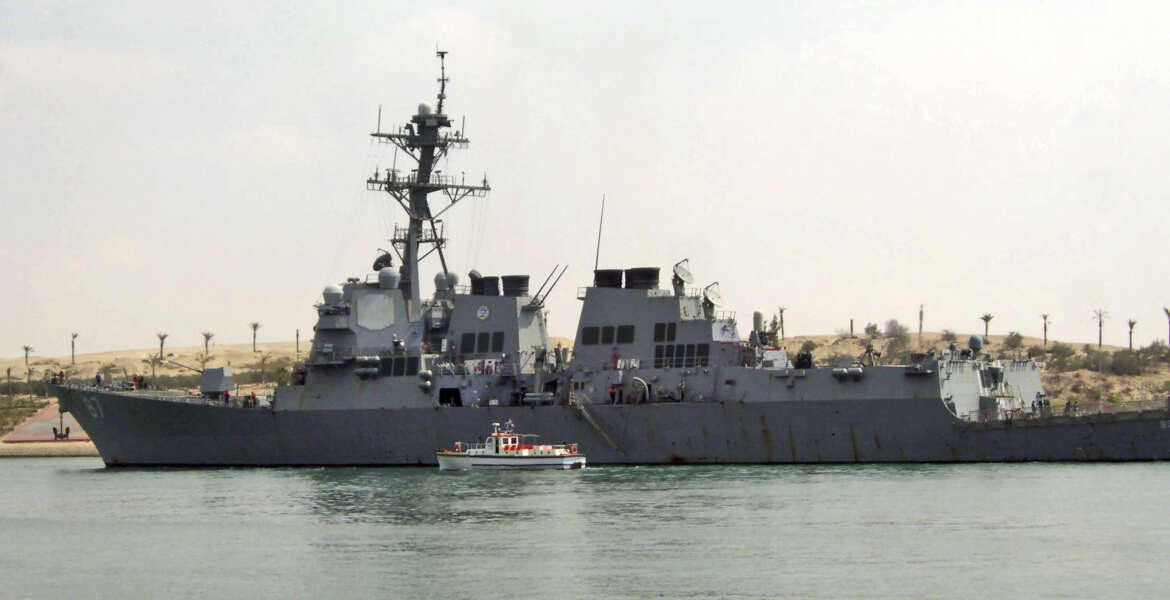 FILE -- In this Saturday, March 12, 2011 file photo, U.S. destroyer USS Mason sails in the Suez canal in Ismailia, Egypt. The U.S. Navy says it is investigating the overnight possible missile attack from Yemen on a group of American warships in the Red Sea. Adm. John Richardson, the Navy's top officer, said Saturday, Oct. 15, 2016, that the destroyer USS Mason appeared 