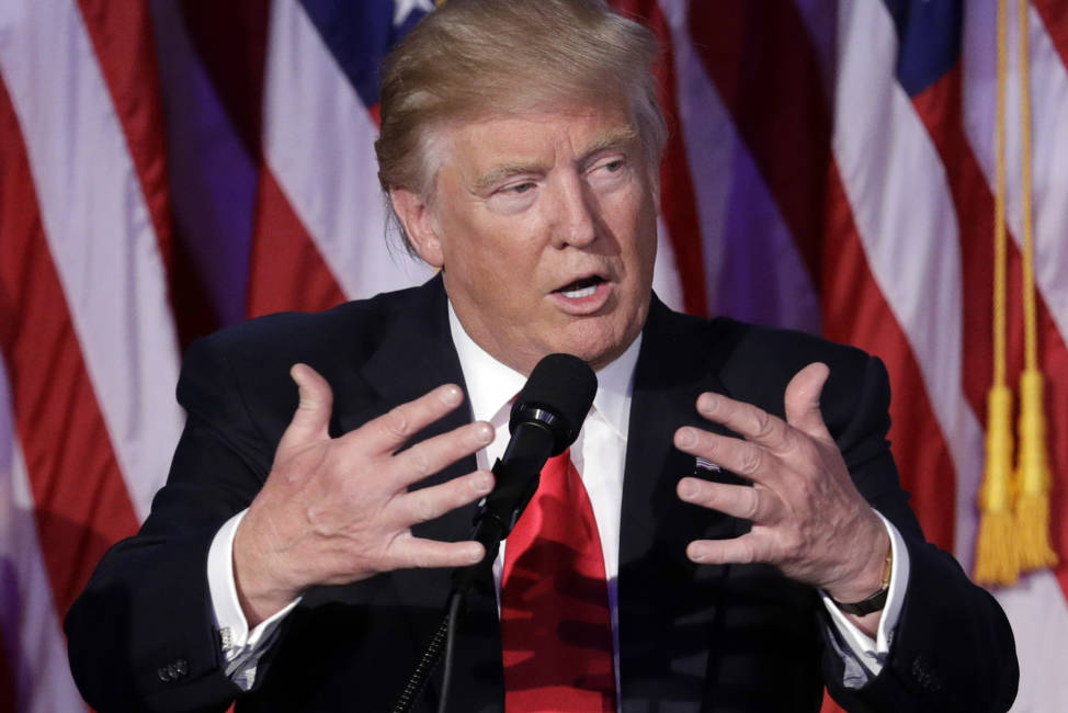 President-elect Donald Trump gives his acceptance speech during his election night rally, Wednesday, Nov. 9, 2016, in New York. (AP Photo/John Locher)