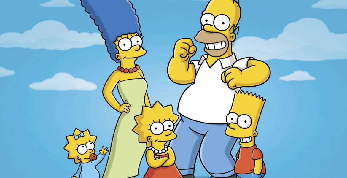 This undated publicity photo released by Fox, shows, from left, from left, Maggie, Marge, Lisa, Homer and Bart  from the animated series, 