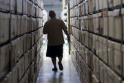 In this photo taken Monday, July 18, 2016, boxes of California inmate medical records are stored at a facility in Sacramento, Calif. A massive project to computerize the prison system's antiquated paper-based medical record-keeping for the nearly 130,000 inmates has doubled in cost from the original estimates to nearly $400 million. (AP Photo/Rich Pedroncelli)