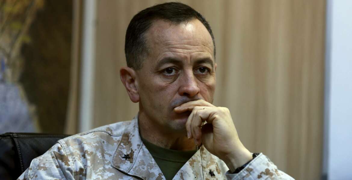 Brig. Gen. Rick Uribe listens during an interview with The Associated Press in Irbil, 217 miles (350 kilometers) north of Baghdad, Iraq, Sunday, Jan. 1, 2017. In the interview Uribe, a senior U.S. military commander in Iraq, expressed confidence in Iraqi forces fighting to recapture the northern city of Mosul from Islamic State militants. Uribe said he agrees with the forecast given by Iraqi Prime Minister Haider al-Abadi that it would take another three months to liberate Mosul, the last Iraqi urban center still in the hands of the extremist group. (AP Photo/Khalid Mohammed)