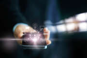 Man using mobile payments, holding circle global and icon customer network connection, Omni Channel