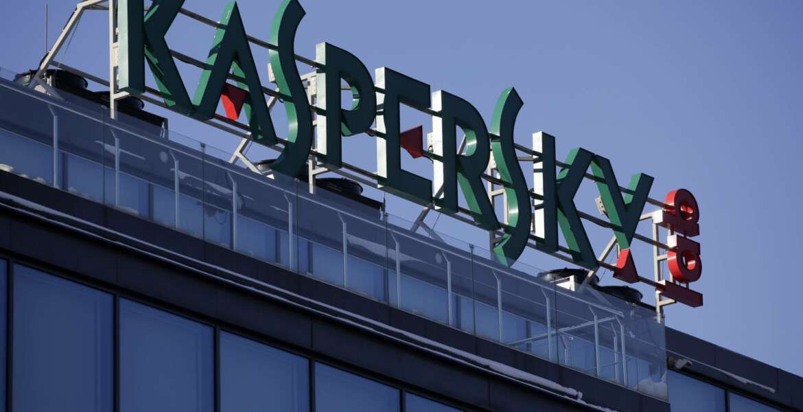A sign above the headquarters of Kaspersky Lab in Moscow, Russia, on Monday, Jan. 30, 2017. Moscow has been awash with rumours of a hacking-linked espionage plot at the highest level since cyber-security firm Kaspersky said one of its executives with ties to the Russian intelligence services had been arrested on treason charges. (AP Photo/Pavel Golovkin)