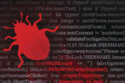 Hacking concept. Red bug crawling on top of code. Fully scalable vector illustration.