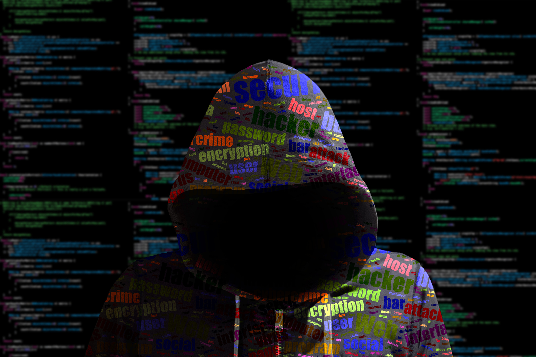 Hacker in a green hoody standing in front of a code background with binary streams and colored information security terms cybersecurity concept