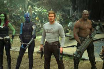 This image released by Disney-Marvel shows Zoe Saldana, from left, Karen Gillan, Chris Pratt, Dave Bautista and Rocket, voiced by Bradley Cooper, in a scene from, "Guardians Of The Galaxy Vol. 2." (Disney-Marvel via AP)