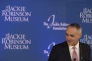 Major League Baseball Commissioner Robert D. Manfred, Jr. speaks during a ceremonial ground breaking for the Jackie Robinson Museum, Thursday, April 27, 2017, in New York. (AP Photo/Mary Altaffer)