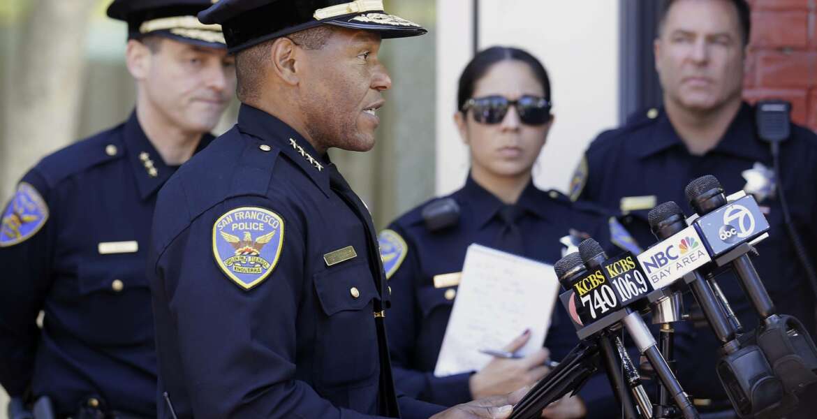 San Francisco Police Chief Bill Scott speaks to reporters in San Francisco, Wednesday, May 3, 2017. San Francisco police shot and killed a man who officers say was stabbing another man on the city's busy downtown Market Street on Wednesday. (AP Photo/Jeff Chiu)