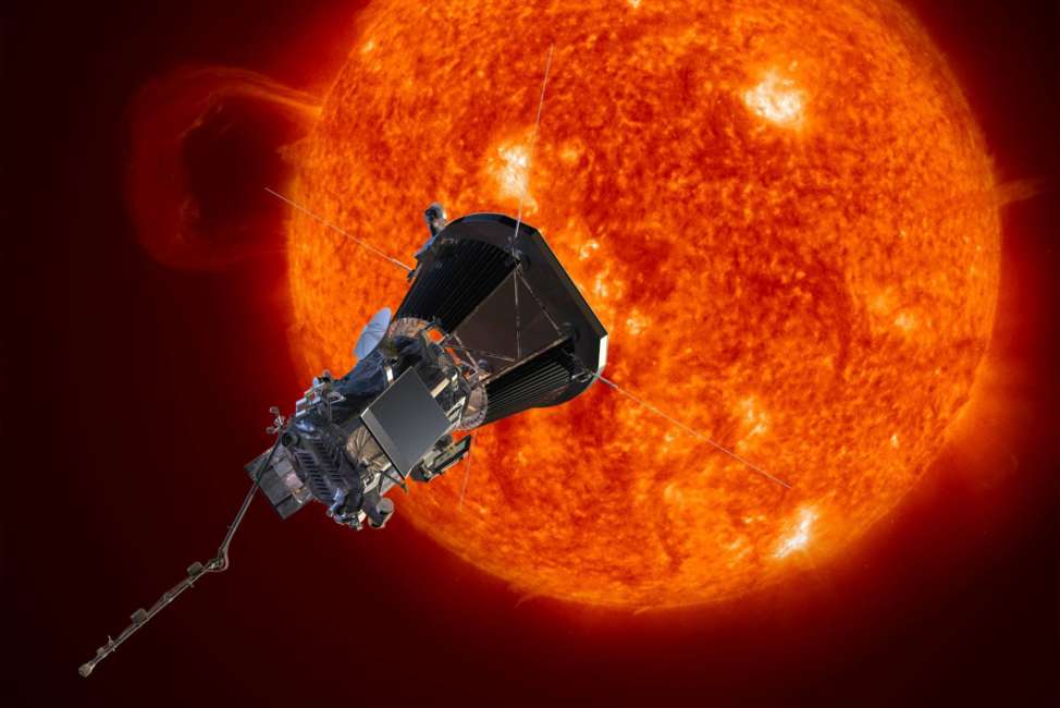 This image made available by the Johns Hopkins University Applied Physics Laboratory on Wednesday, May 31, 2017 depicts NASA's Solar Probe Plus spacecraft approaching the sun. On Wednesday, NASA announced it will launch the probe in summer 2018 to explore the solar atmosphere. It will be subjected to brutal heat and radiation like no other man-made structure before. (Johns Hopkins University Applied Physics Laboratory via AP)