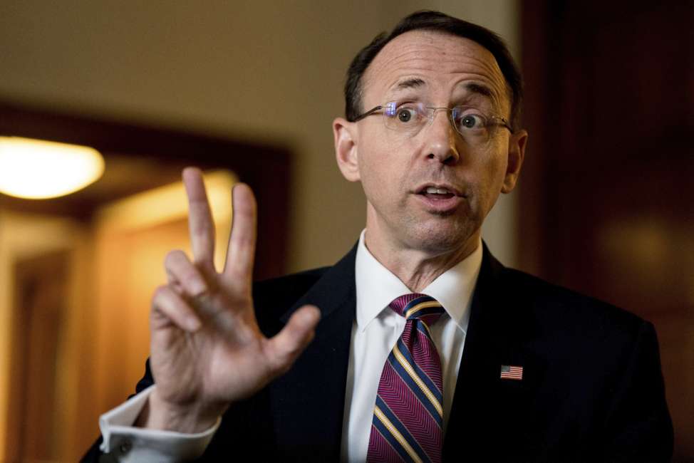 Deputy Attorney General Rod Rosenstein speaks during an interview with the Associated Press at the Department of Justice, Friday, June 2, 2017, in Washington. The Justice Department’s No. 2 official says a new policy urging harsher punishments for most criminals is meant to target the worst criminals, not fill prisons. Rosenstein says that federal prosecutors will sometimes charge lower-level criminals to take down entire gangs but adds “that’s the exception, not the rule.” (AP Photo/Andrew Harnik)