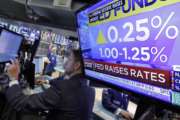 The rate decision of the Federal Reserve is shown on a television on the floor of the New York Stock Exchange, Wednesday, June 14, 2017. The Federal Reserve is hiking a key interest rate for the second time this year and is planning to reduce the size of its $4.5 trillion balance sheet as well. Fed officials voted 8-1 to raise the federal funds rate to a range of 1 to 1.25 percent. (AP Photo/Richard Drew)