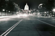 The United States Capitol Building shines at night in the nation’s capital.