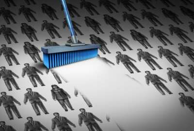 Concept of unemployment and business downsizing symbol as a group of businesswomen and businessmen drawings being swept away by a broom as a symbol for employee reduction with 3D illustration elements.