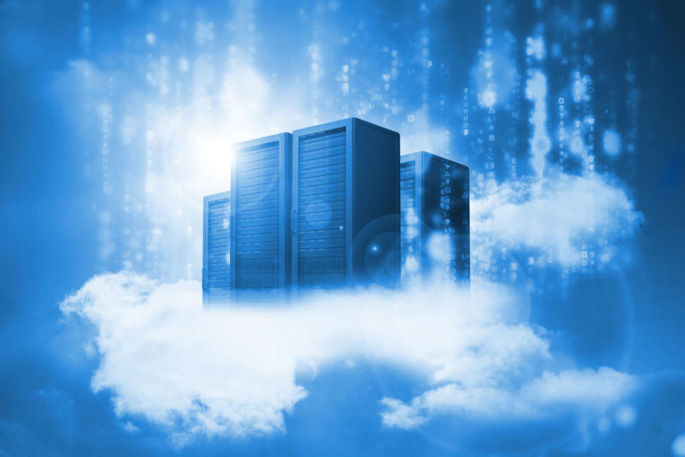 Data servers resting on clouds in blue