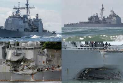 This combination of file photos show U.S. Navy ships the USS Antietam, top left; the USS Lake Champlain, top right; the USS Fitzgerald, bottom left; and the USS John S. McCain. The commander of U.S. naval operations has ordered a comprehensive review to get to root causes after the collision this week between a Navy destroyer and an oil tanker near Singapore. The crash on Aug. 21, 2017, is the latest 