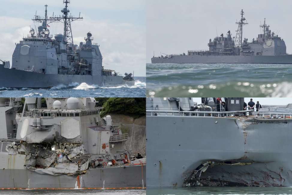 This combination of file photos show U.S. Navy ships the USS Antietam, top left; the USS Lake Champlain, top right; the USS Fitzgerald, bottom left; and the USS John S. McCain. The commander of U.S. naval operations has ordered a comprehensive review to get to root causes after the collision this week between a Navy destroyer and an oil tanker near Singapore. The crash on Aug. 21, 2017, is the latest "in a series of incidents in the Pacific theater," Adm. John Richardson said in a video statement. Navy ships have been in at least four accidents in the Pacific this year. (U.S. Navy via AP, AP Photos/File)