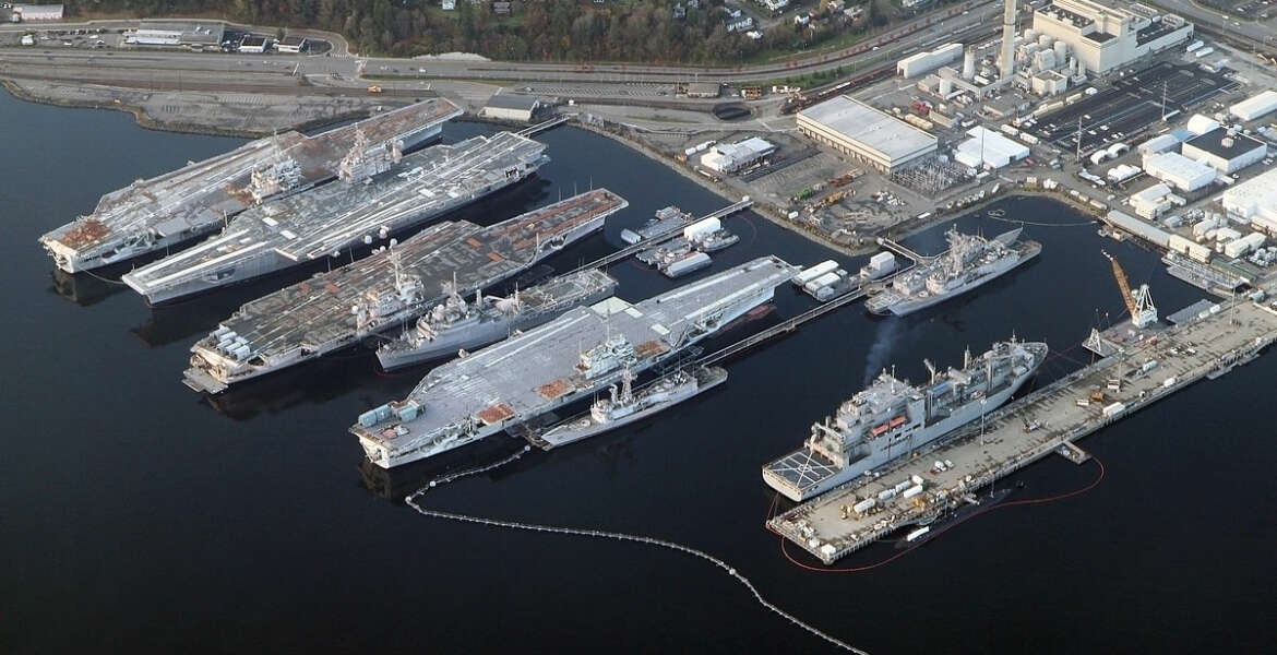 An aerial view of the Puget Sound Naval Shipyard and Intermediate Maintenance Facility in Bremerton, Washington