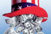 American dollars falling from Uncle Sam hat