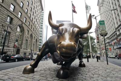 This Wednesday, Oct. 18, 2006 file photo shows the charging bull in lower Manhattan in New York. Police have arrested a 33-year-old woman accused of dumping blue paint over the iconic 