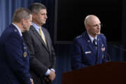 Lt. Gen. Arnold Bunch Jr., the military deputy for the Office of the Assistant Secretary of the Air Force for Acquisition, Dr. Brad LaPlante, the Assistant Secretary of the Air Force for Acquisition, and Gen. Robin Rand, commander of Air Force Global Strike Command answer questions after Secretary of the Air Force Deborah Lee James and Air Force Chief of Staff Gen. Mark A. Welsh III announced the award of the long range strike bomber contract in the Pentagon during a press briefing, Oct. 27, 2015.  (U.S. Air Force photo/Scott M. Ash)