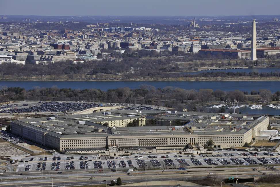 The Pentagon with the Washington Monument and National Mall in the background.