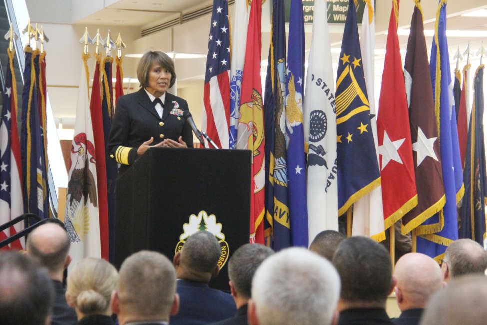 Navy Vice Adm. Raquel C. Bono, director, Defense Health Agency, provides remarks during the MHS GENESIS Recognition Ceremony Nov. 15 at Madigan Army Medical Center. The ceremony commemorated the deployment of the Department of Defense’s new electronic health record at its four initial fielding sites in the Pacific Northwest - Madigan, Naval Hospital Bremerton, Naval Health Clinic Oak Harbor and Fairchild Air Force Base.



During the ceremony, Bono presented awards to each of the MTF site commanders: Air Force Col. Michaelle Guerrero, commander, 92nd Medical Group at Fairchild; Navy Capt. Christine Sears, commanding officer, Oak Harbor; Navy Capt. Jeffrey Bitterman, commanding officer, Bremerton; and Army Col. Michael Place, commander, Madigan.