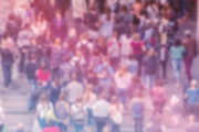 General Public Opinion Blur Background, Aerial View with Unrecognizable Crowded Population Out of Focus, Blurred Crowd of People On City Street, Vintage Toned Image.