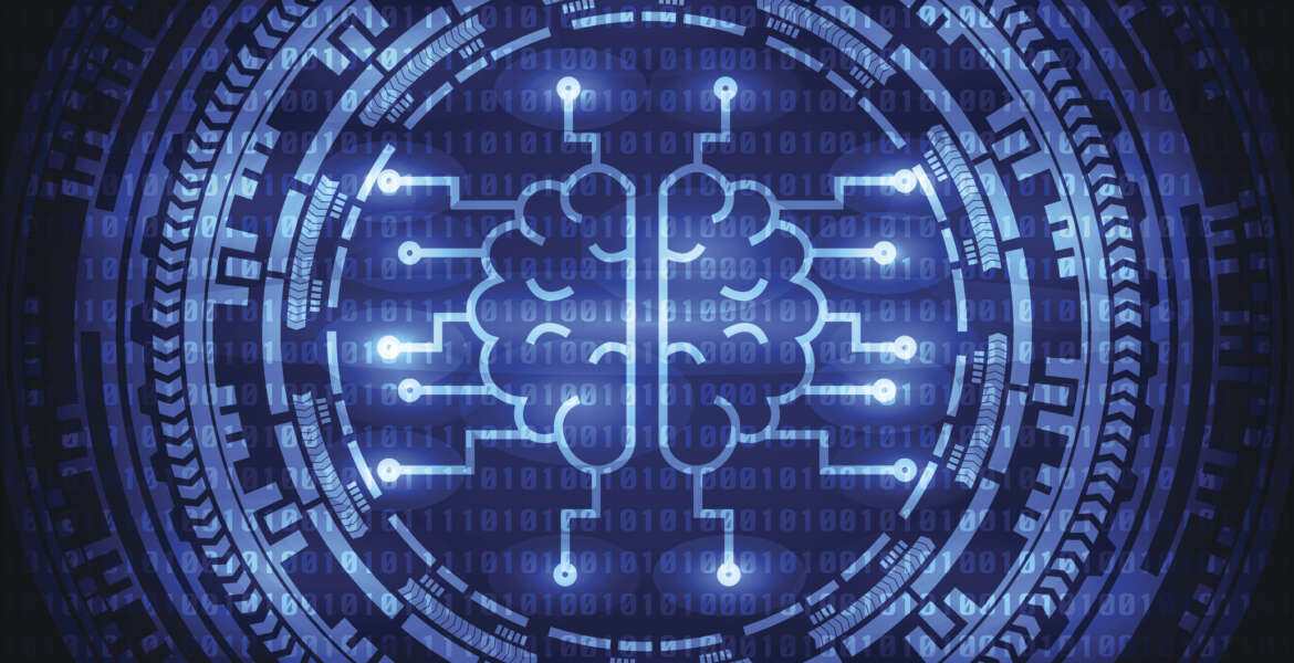 Artificial intelligence brain with ring gears on binary code background. Vector illustration technology abstract background.