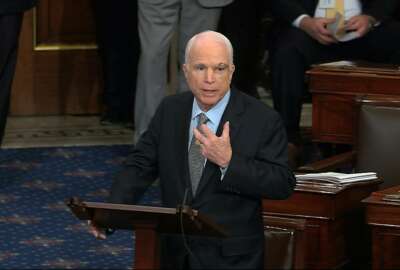 In this image from video provided by Senate Television, Sen. John McCain, R-Ariz. speaks the floor of the Senate on Capitol Hill in Washington, Tuesday, July 25, 2017. At 1:29 a.m. on July 28, McCain strode onto the Senate floor. The 80-year-old, just weeks after a diagnosis of aggressive brain cancer, was poised to cast the tiebreaker vote on the GOP’s health care bill, in what was meant to be the fulfillment of seven years of work to undo President Barack Obama’s signature health care law. McCain paused for a moment, and then gave the measure a thumbs-down. Some of his fellow Senators, in the dark on the elder legislator’s plans, gasped. The bill was dead. For an administration that has spent 2017 throwing off headlines at a stunningly dizzying pace, the frenetic fortnight in the second half of July reached an unparalleled breakneck speed. Set amid the backdrop of a president grappling with his deepest insecurities, the West Wing’s breakdown in policy collided with its collapse in personnel and acted as a crucial inflection point for Donald Trump’s first year in office. (Senate Television via AP)
