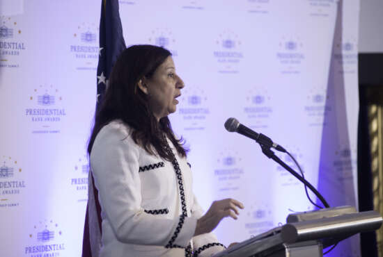 DHS Deputy Secretary Elaine Duke reminds award winners of their roles as career leaders within their agencies. Duke won her own Presidential Meritorious Award as a senior executive before initially retiring from the civil service in 2010.