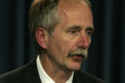 Bill Gerstenmaier, associate administrator for Space Operations, answers questions during a news conference updating the status of Space Shuttle Atlantis at the Kennedy Space Center in Cape Canaveral, Fla. on Wednesday, Aug. 16, 2006. Atlantis is scheduled for launch on Aug. 27.(AP Photo/John Raoux)