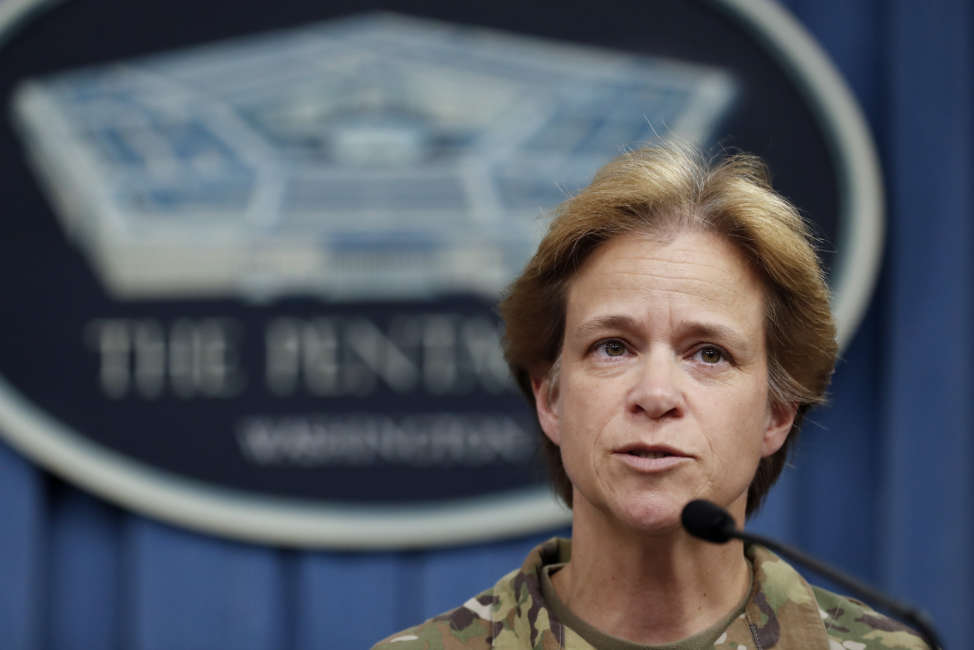 Brig. Gen. Diana Holland, the Commander of the South Atlantic Division, U.S Army Corps of Engineers speaks at the Pentagon, Friday, Sept. 22, 2017, during a hurricane relief press briefing. (AP Photo/Carolyn Kaster)