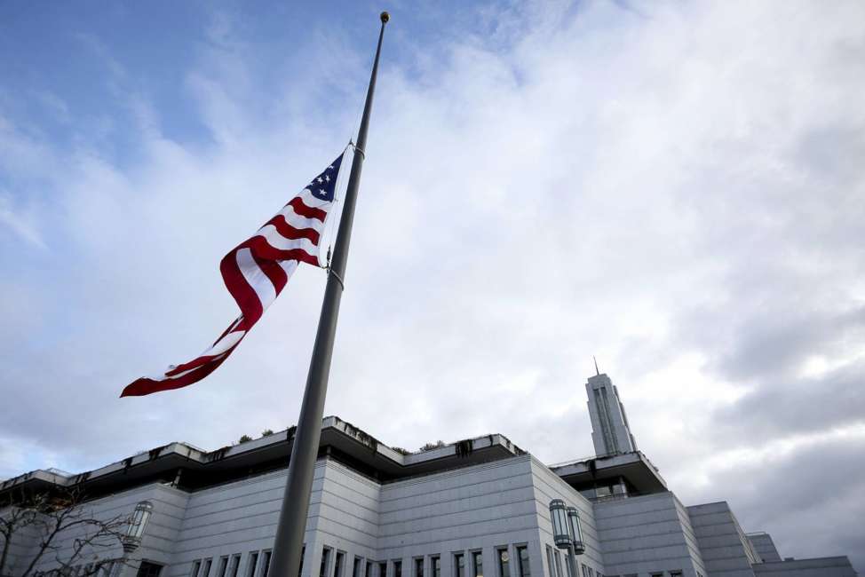 The U.S. flag flies at half-staff during a public viewing of Thomas S. Monson, President of The Church of Jesus Christ of Latter-day Saints  at the LDS Conference Center in Salt Lake City, Utah, Thursday, Jan. 11, 2018. Monson spent more than five decades serving in top church leadership councils, making him a well-known face and personality to multiple generations of Mormons. 
He died on Jan. 2 at the age of 90.  (Kristin Murphy/Deseret News via AP)