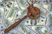 Judges Or Auctioneer Gavel On The Dollar Cash Background, Top View, Close-Up. Concept For Corruption, Bankruptcy, Bail, Crime, Bribing, Fraud, Auction Bidding,  Fines