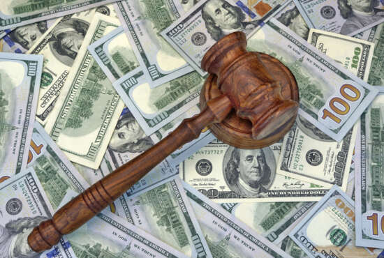 Judges Or Auctioneer Gavel On The Dollar Cash Background, Top View, Close-Up. Concept For Corruption, Bankruptcy, Bail, Crime, Bribing, Fraud, Auction Bidding,  Fines