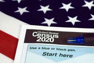 census document form and ball point ink pen on American flag for 2020